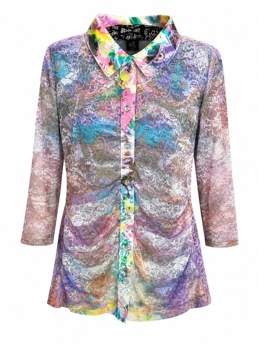 BOSTON PROPER Sheer Floral Lace Blouse Contrast Collar Ruching Button Up Top Med